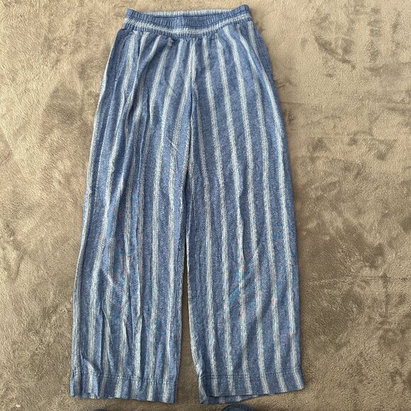 Old Navy High Rise Wide Leg Linen Blend Pull On Pants Small Tall ST Blue Stripe - Picture 1 of 7